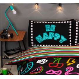 Be Happy neon effect dekbedovertrek Lits-Jumeaux met 2 kussenslopen