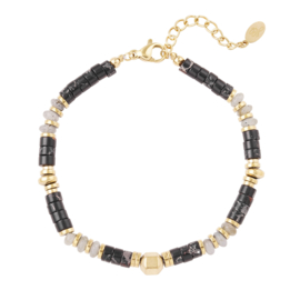 Kralen armband Rvs met natuursteen zwart & goud Louise