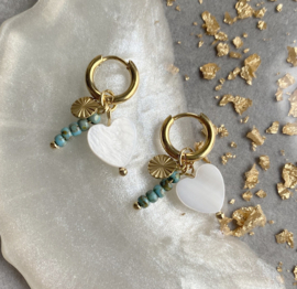 Rvs Oorringen goud parelmoer hartje met kralen hangertjes turquoise