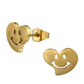 Smiley Hartjes Oorknopjes Rvs Goud