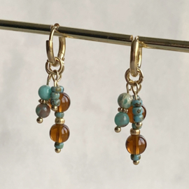 Idhuna Rvs Oorringen met Bedels Goud Kralen hangers Bruin en turquoise