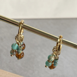 Idhuna Rvs Oorringen met Bedels Goud Kralen hangers Bruin en turquoise