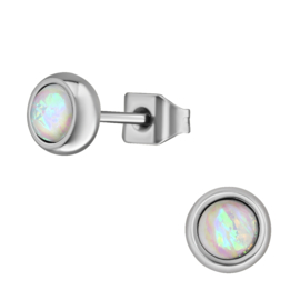 Stalen oorbellen knopjes White Opal