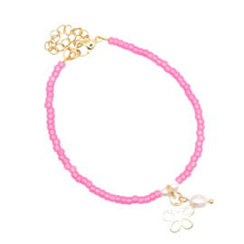 Roze Miyuki KRalen Dames Armband met Bloem en Parel hanger