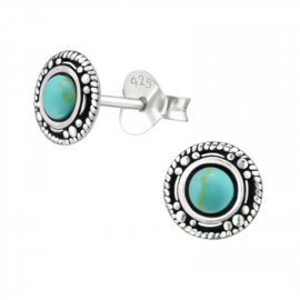 Sterling 925 zilver Bali oorbellen knopjes met turquoise halfedelsteentje