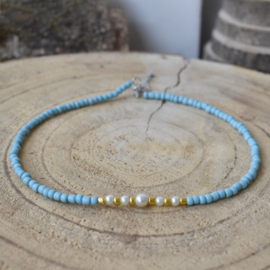 Blauwe rocailles kralen ketting Parel look kralen