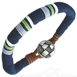 Donkerblauwe mannen armband van touw met bruine leren accenten