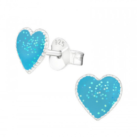 Hartjes oorbellen 925 zilver Light Blue Glitter