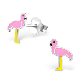 Kinderoorbellen zilver kleine roze flamingo