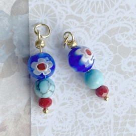Stalen Bloemetjes hangers kobalt blauw  turquoise en rood