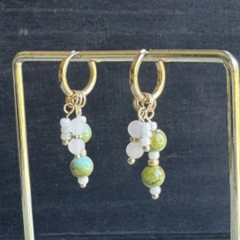 Oorringen Goud Rvs 12 mm met hangers Turquoise en wit