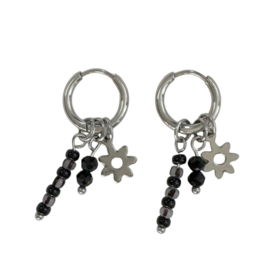 Oorringen Stainless Steel Zilver zwarte kralen hangers & bloemen bedeltje