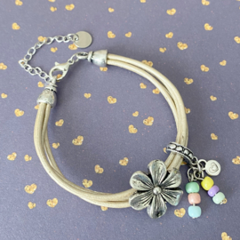 Ibiza festival leren dames armband beige flower