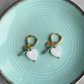 Rvs Oorringen goud parelmoer hartje met kralen hangertjes turquoise