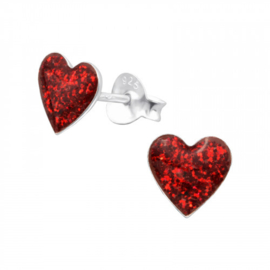 Rode Glitter hartjes Oorbellen 925 zilver
