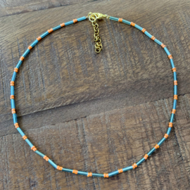 Kralen ketting dames turquoise oranje