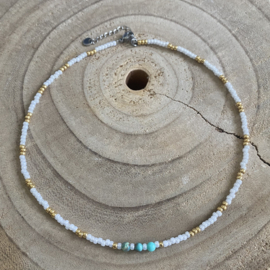 Witte rocailles ketting Rvs dames zilver en turquoise natuursteen