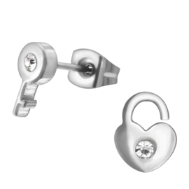 Sleutel en hangslot oorknopjes Stainless Steel zilver