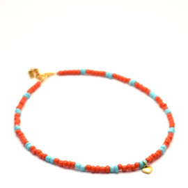 Rocailles kralen ketting warm oranje & turquoise