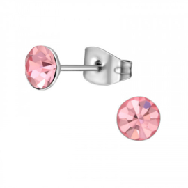 Rvs Oorknopjes zilver met roze kristallen