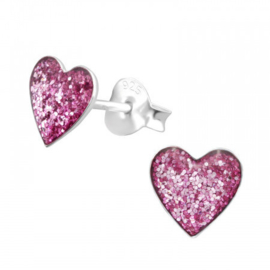 Hartjes kinder oorbellen 925 zilver roze glitter