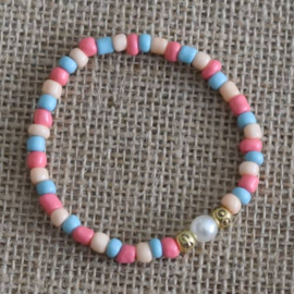 Kinder Armbandje Pastel Roze Zalmroze Blauw en Glas parel