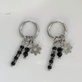 Oorringen Stainless Steel Zilver zwarte kralen hangers & bloemen bedeltje