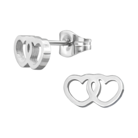 Oorbellen Knopjes twee Hartjes in elkaar stainless steel Zilver