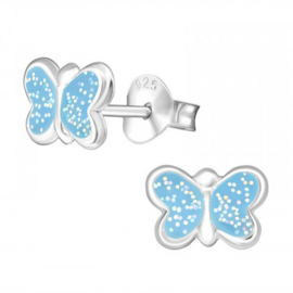 Zilveren kinder vlinder oorbellen knopjes Licht blauwe glitters