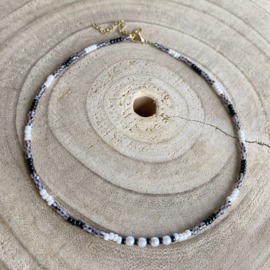Zwart Witte Parel look kralen Ketting Dames Stianless Steel goud