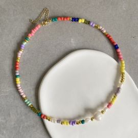 Gekleurde kralen ketting rocailles Rvs met parels