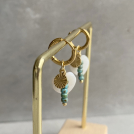 Rvs Oorringen goud parelmoer hartje met kralen hangertjes turquoise