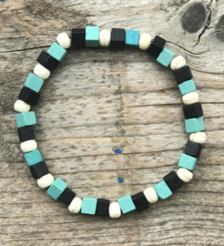 Kralen armband heren zwart turquoise créme hout