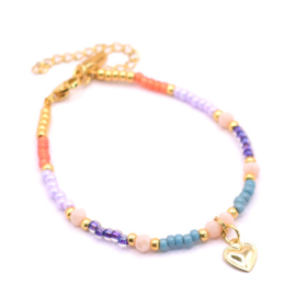 Gekleurde kralen dames armband Rvs met hartjes bedel