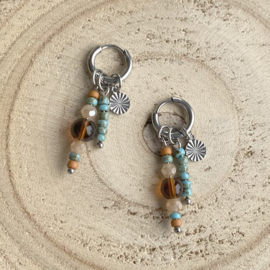 Oorringen Staal bedels Zilver bruine en turquoise kralen hangers