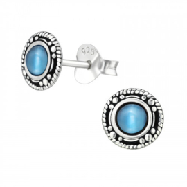 Zilveren ronde oorbellen Bali met halfedelsteen Cateye blue