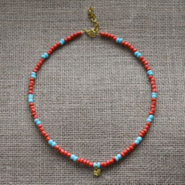 Rocailles kralen ketting warm oranje & turquoise