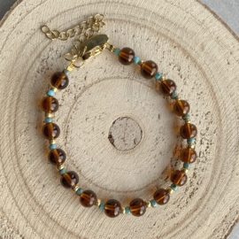Bruine glaskralen armband Dames Rvs goud