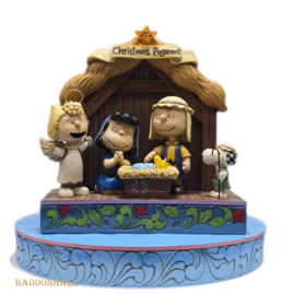 Snoopy Nativity , met led-verlichting in de ster,  H16cm + BASE COLOR Ø22cm  Jim Shore 6015026  Kerststal Peanuts.