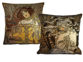 Alphonse Mucha Set van 2 Kussens 48x48cm "Herfst & WInter" Gobelin geweven