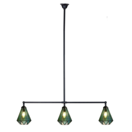 8114 Hanglamp Zwart B90cm met 3 Tiffany kappen Ø16cm Arata Green '
