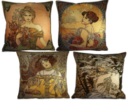 Alphonse Mucha Set van 4 Kussens 48x48cm "Lente, Zomer,Herfst & Winter" Gobelin geweven *