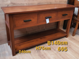 Sidetable B140cm H75cm D40cm met onderblad - Massief Teakhout