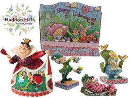 Alice, Mad Hatter, Cheshire Cat , Queen of Hearts & Storybook -Set van 5 Jim Shore beelden, all retired *