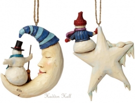 Set van 2 Hanging Ornament "Snowman On Star"& "Crescent Moon Snowman"