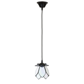 8198  Hanglamp Textielsnoer Zwart met Tiffany Kap Ø13cm White Lotus '
