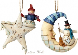 Set van 2 Hanging Ornament "Snowman On Star"& "Crescent Moon Snowman"