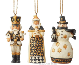 "Black & Gold" Nutcracker - Santa - Snowman Set van 3 Jim Shore hanging ornaments