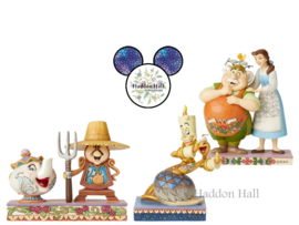 Belle - Set van 3 Jim Shore beelden Belle,Maurice en Mrs Pott's , Cogsworth en Lumiere, Plumette *