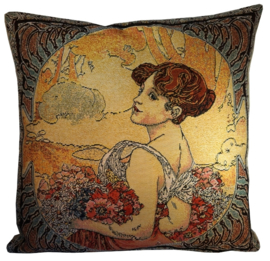 Alphonse Mucha Set van 2 Kussens 48x48cm "Lente & Zomer" Gobelin geweven